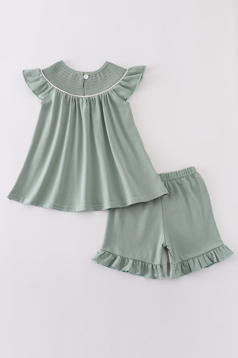 Sage Sand Dollar Embroidery Smocked Girl Set