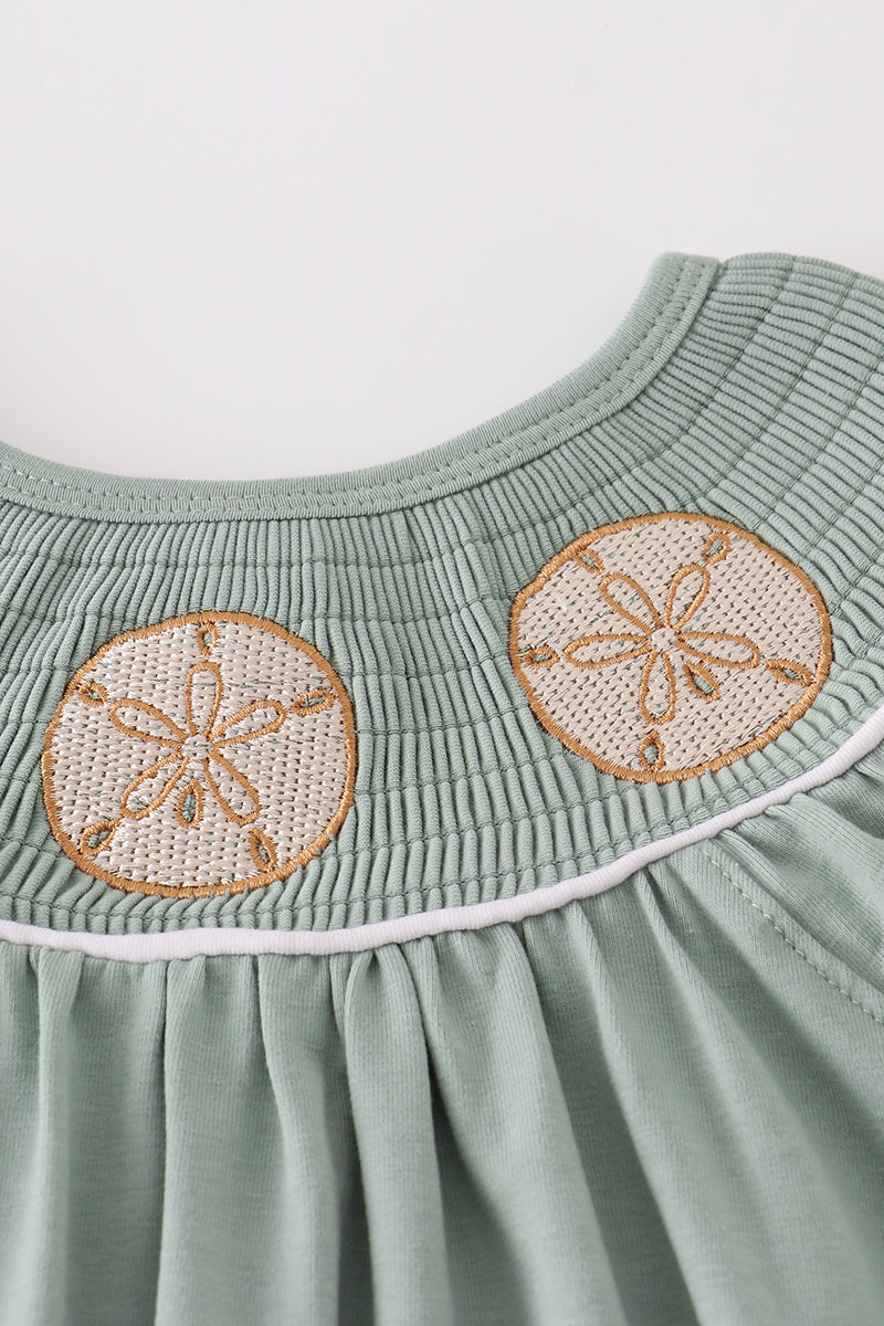Sage Sand Dollar Embroidery Smocked Girl Set
