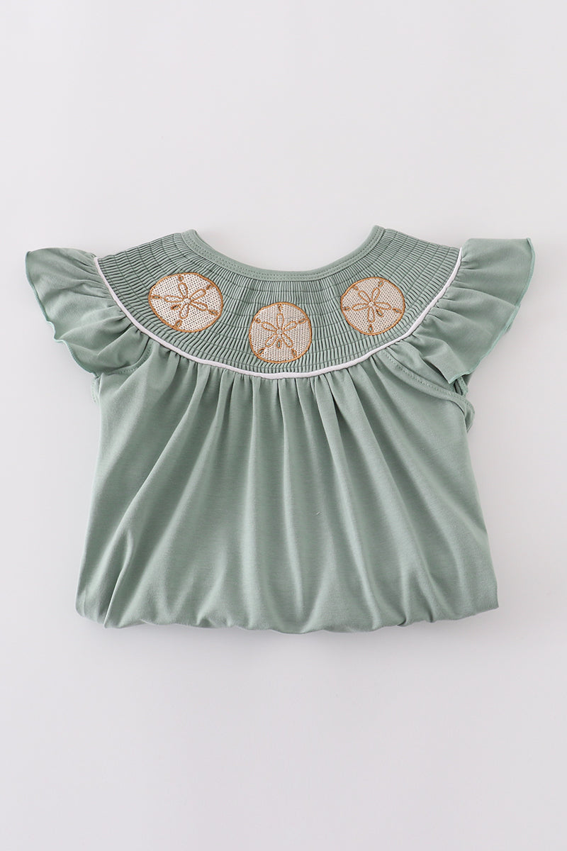 Sage Sand Dollar Embroidery Smocked Girl Set