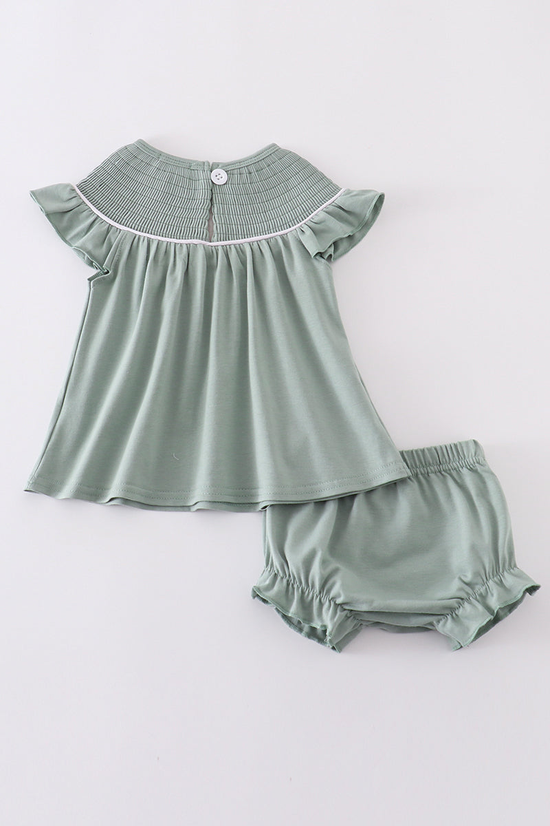 Sage Sand Dollar Embroidery Smocked Girl Bloomer Set