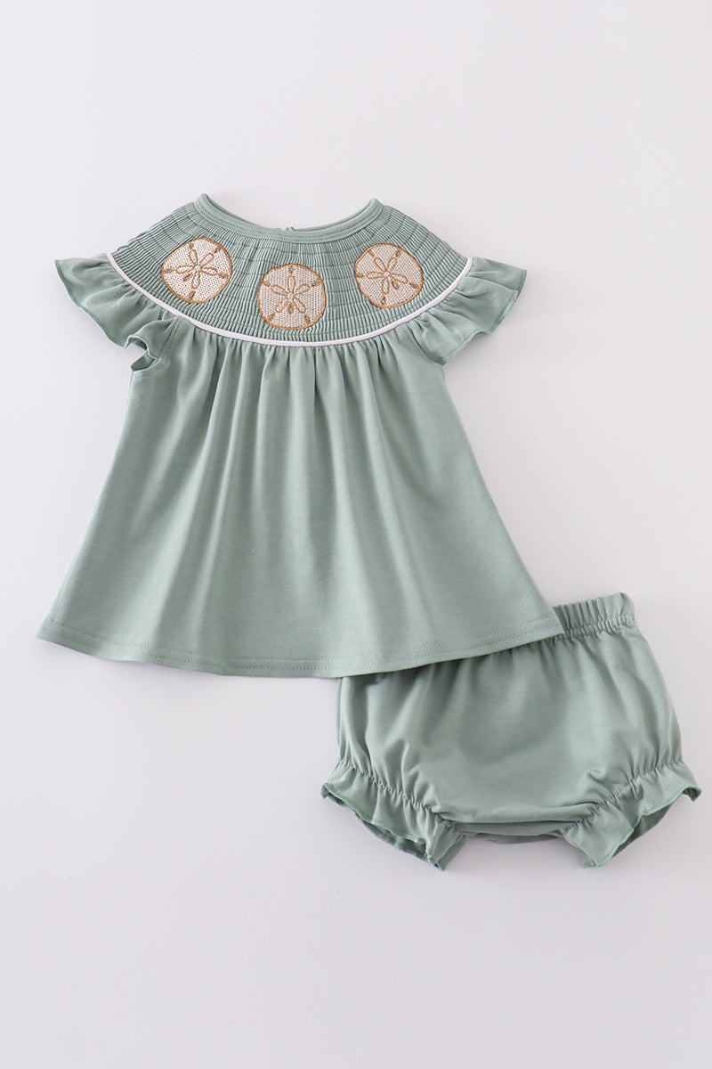 Sage Sand Dollar Embroidery Smocked Girl Bloomer Set