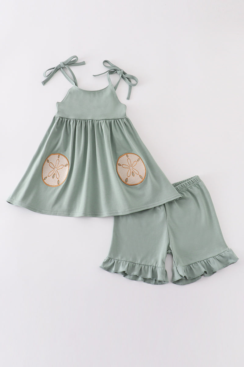 Sage Sand Dollar Embroidery Girl Set