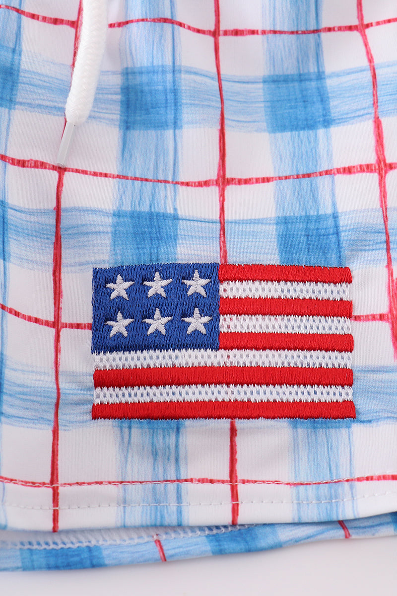 Flag Embroidery Smocked Plaid Swim Trunkis