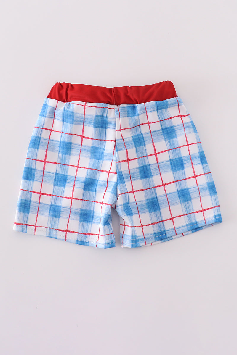 Flag Embroidery Smocked Plaid Swim Trunkis