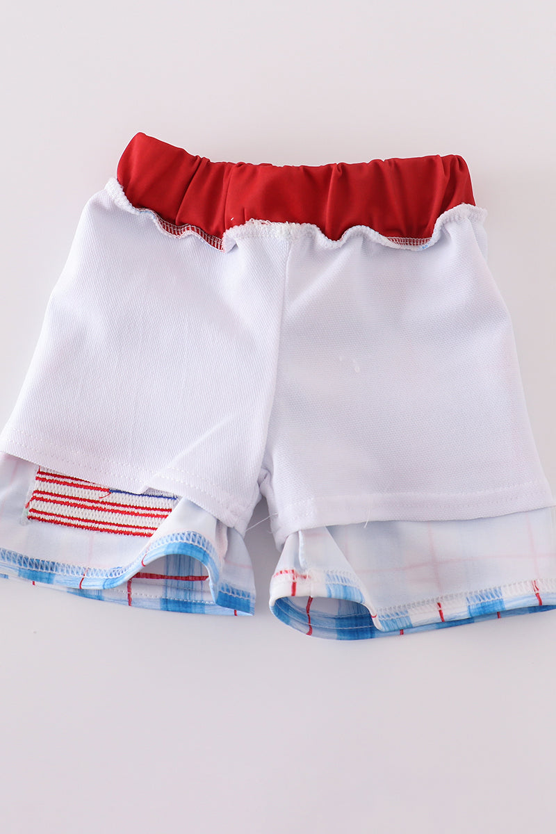 Flag Embroidery Smocked Plaid Swim Trunkis