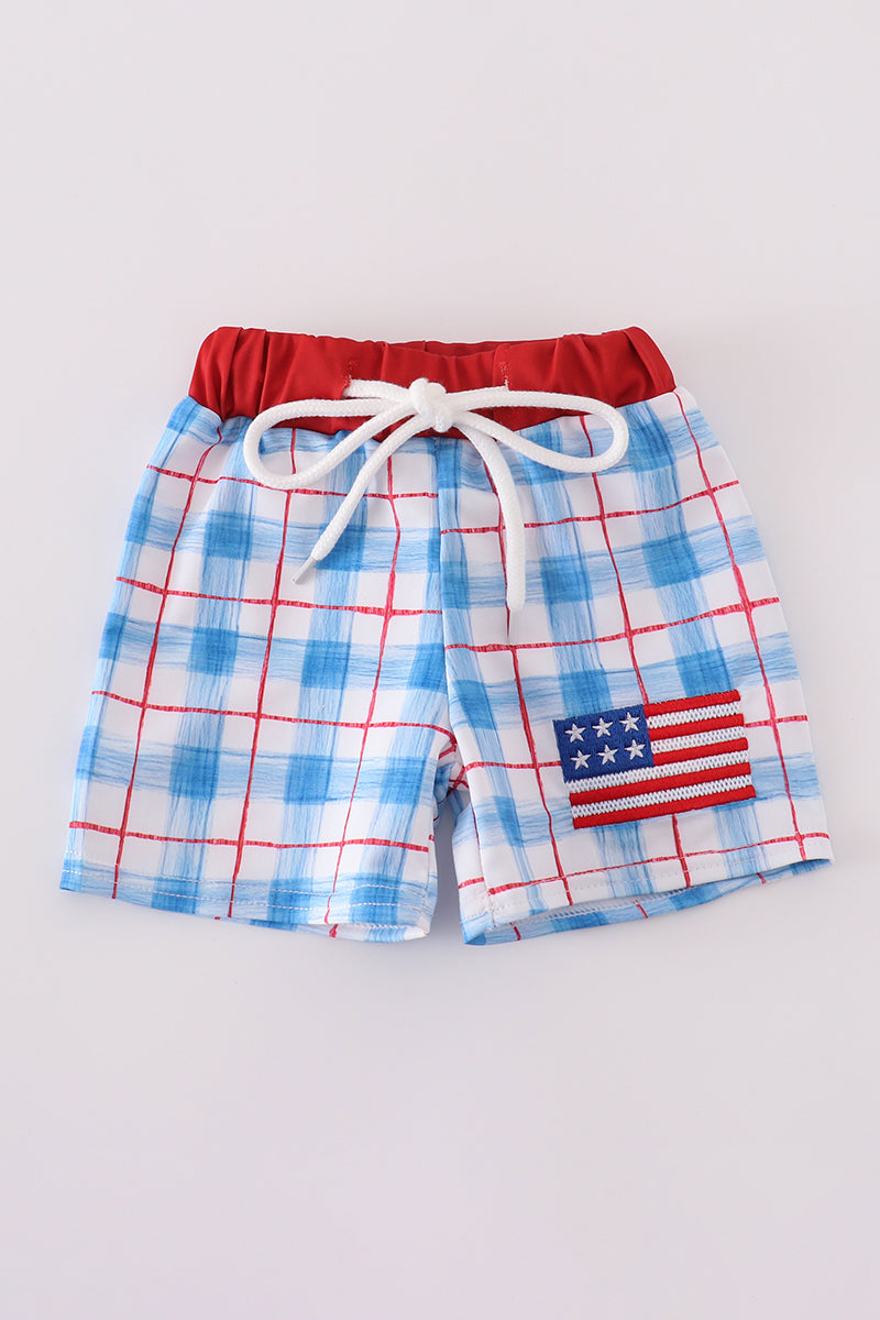 Flag Embroidery Smocked Plaid Swim Trunkis