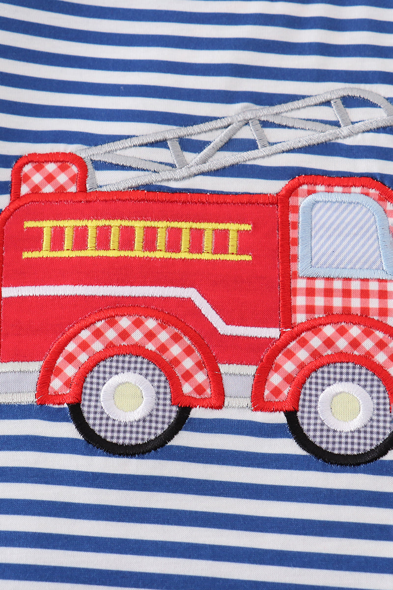 Blue Stripe Fire Truck Applique Bubble