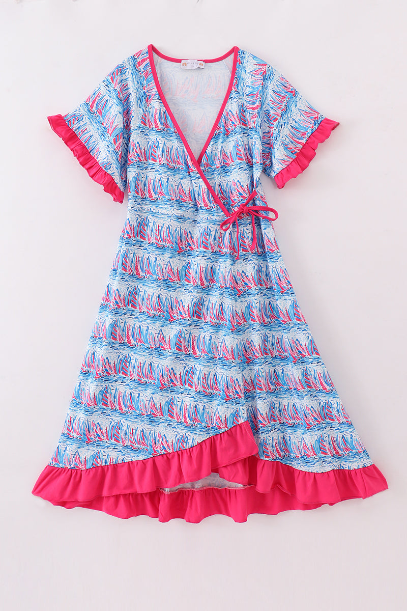 Blue Sailboat Serenade Print Mom&Me Dress
