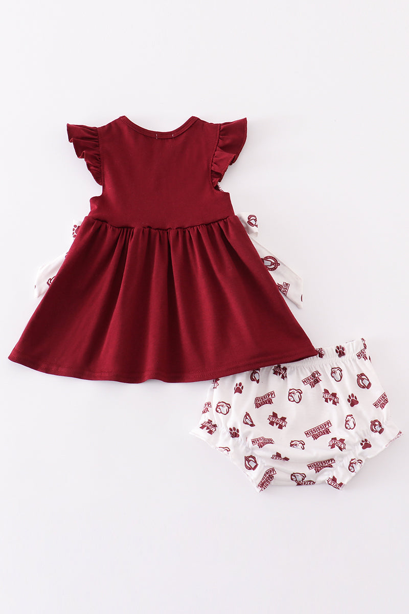 Maroon Mississippi Embroidery Girl Bloomer Set
