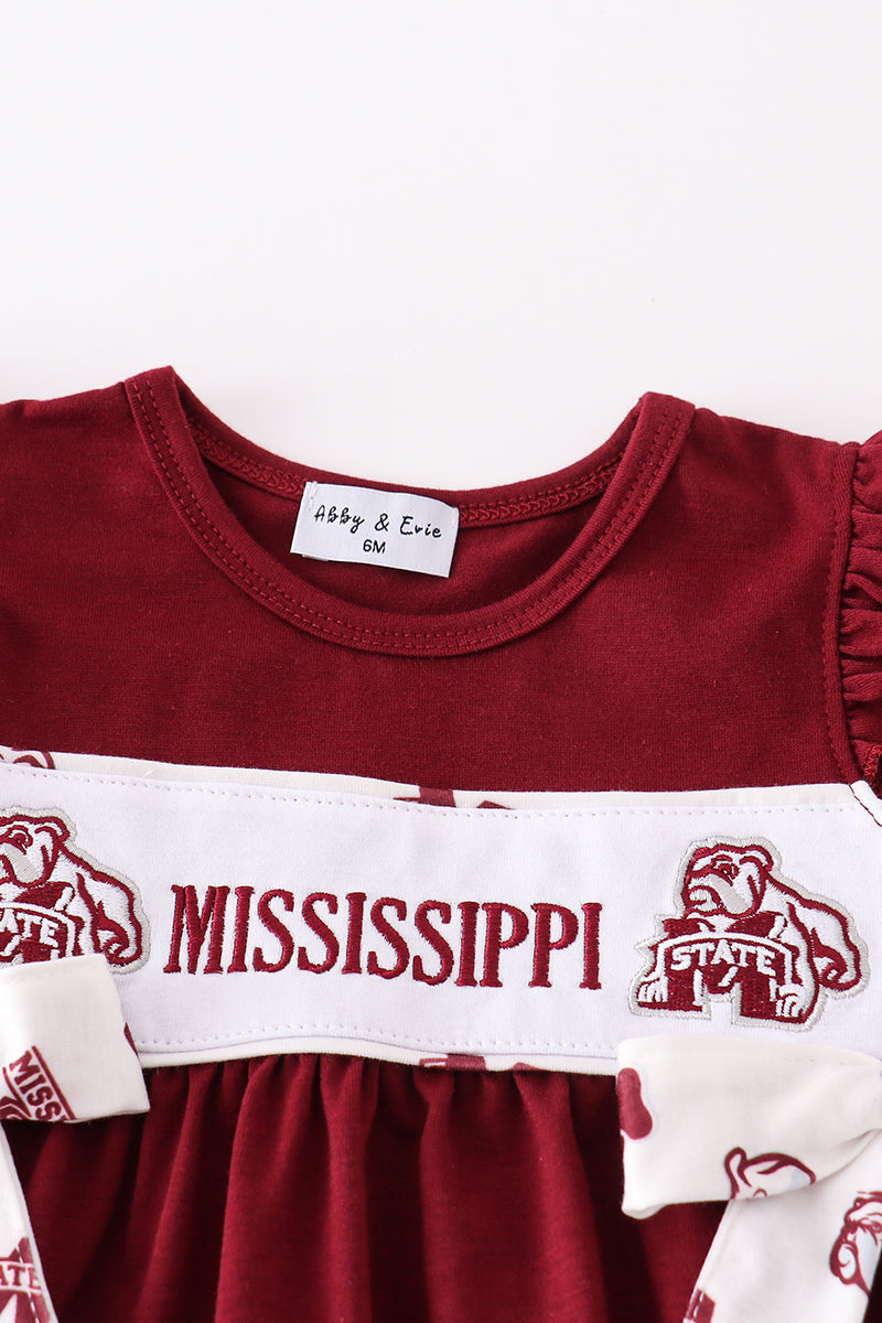 Maroon Mississippi Embroidery Girl Bloomer Set