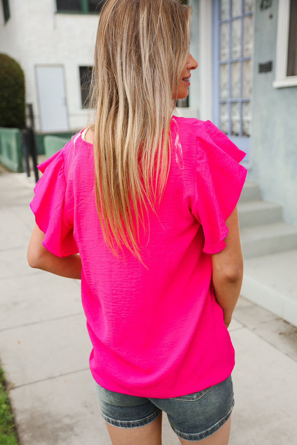 You Got This Solid Fuchsia Textured Flutter Sleeve Blouse