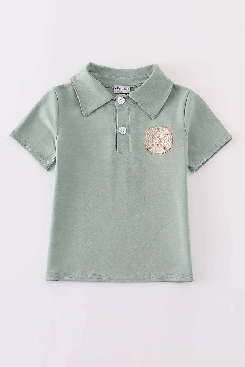 Sage Sand Dollar Embroidery Boy Shirt