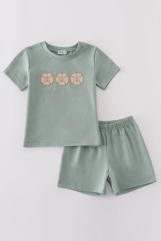 Sage Sand Dollar Embroidery Boy Set