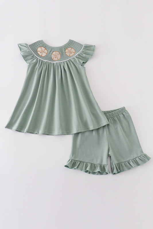 Sage Sand Dollar Embroidery Smocked Girl Set