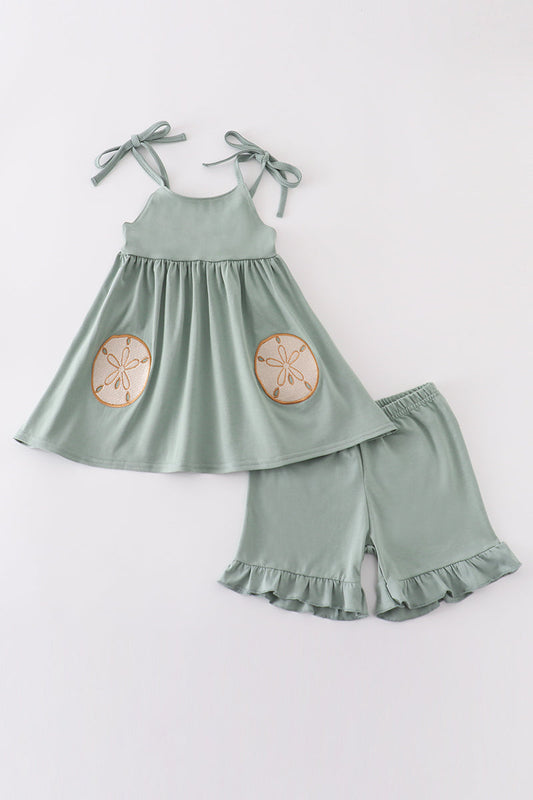 Sage Sand Dollar Embroidery Girl Set