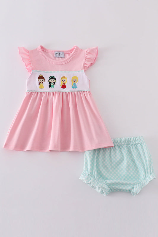 Pink Princess Embroidery Girl Bloomer Set
