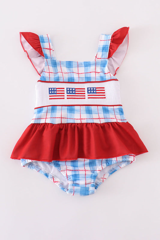 Flag Embroidery Smocked Plaid One-Piece Swimsuit