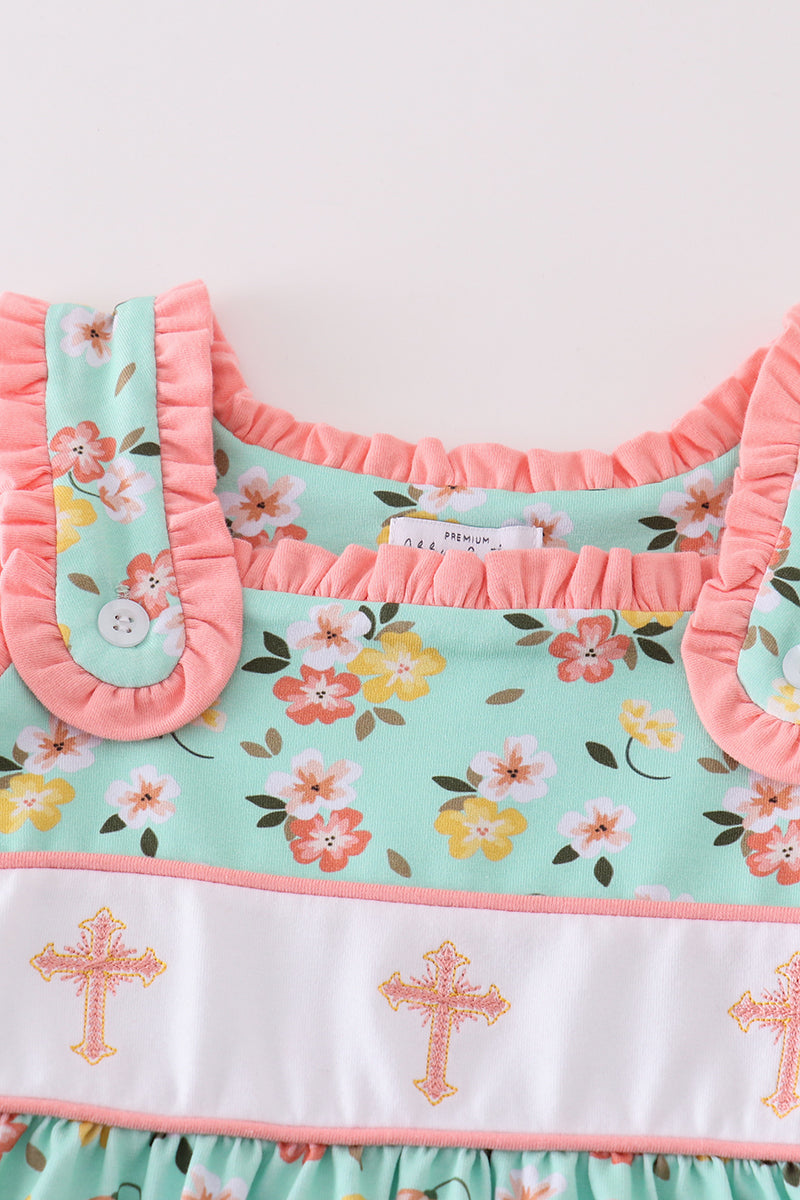 Premium Green Floral Cross Embroidery ress