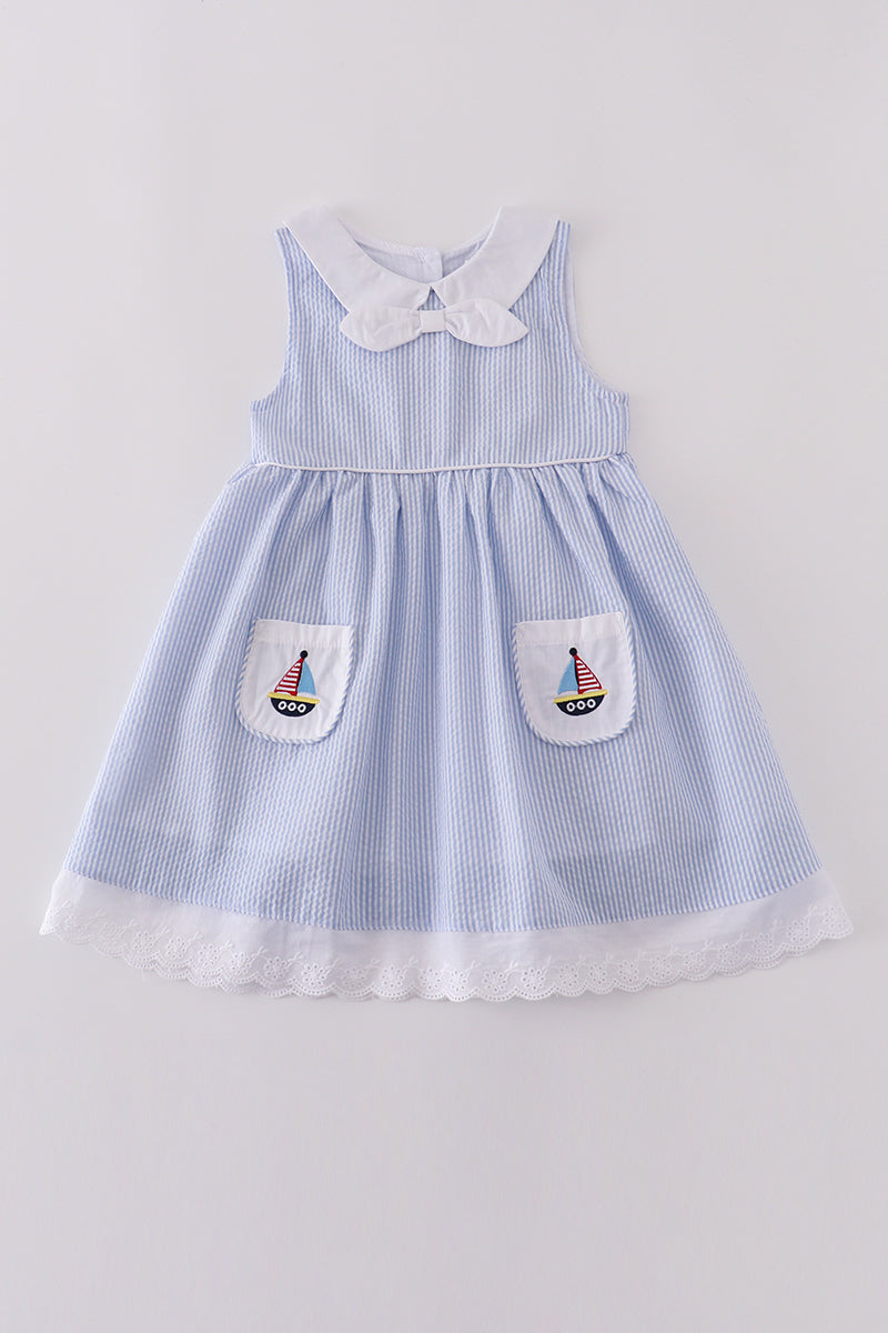 Premium Blue Sailboat Embroidery Dress