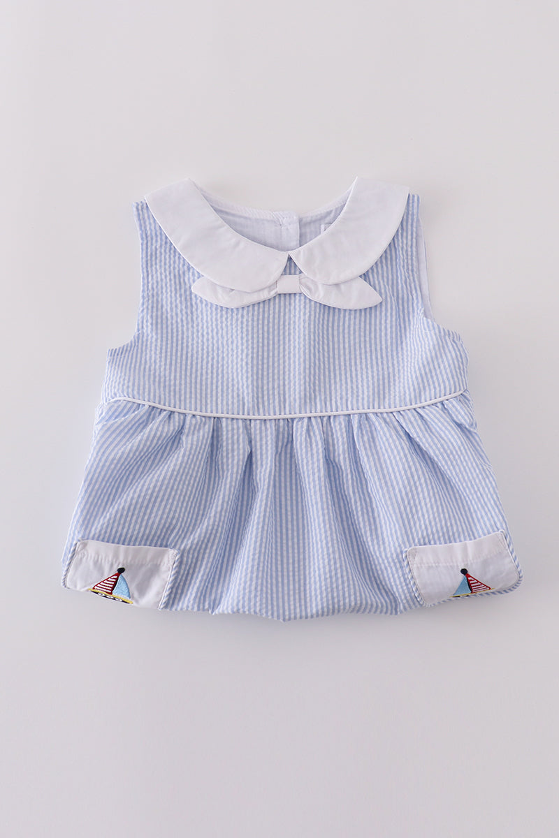 Premium Blue Sailboat Embroidery Dress