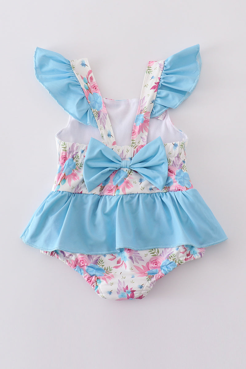 Blue Floral Embroidery One-Piece Swimsuit