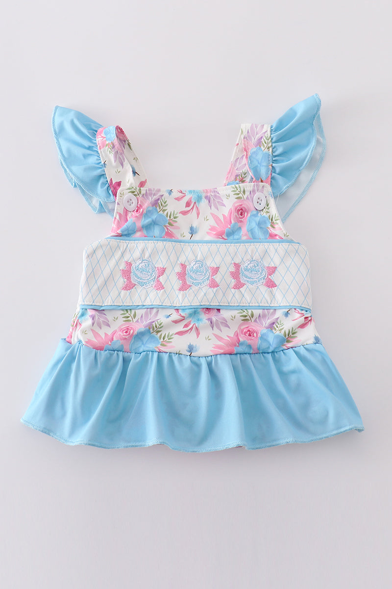 Blue Floral Embroidery One-Piece Swimsuit
