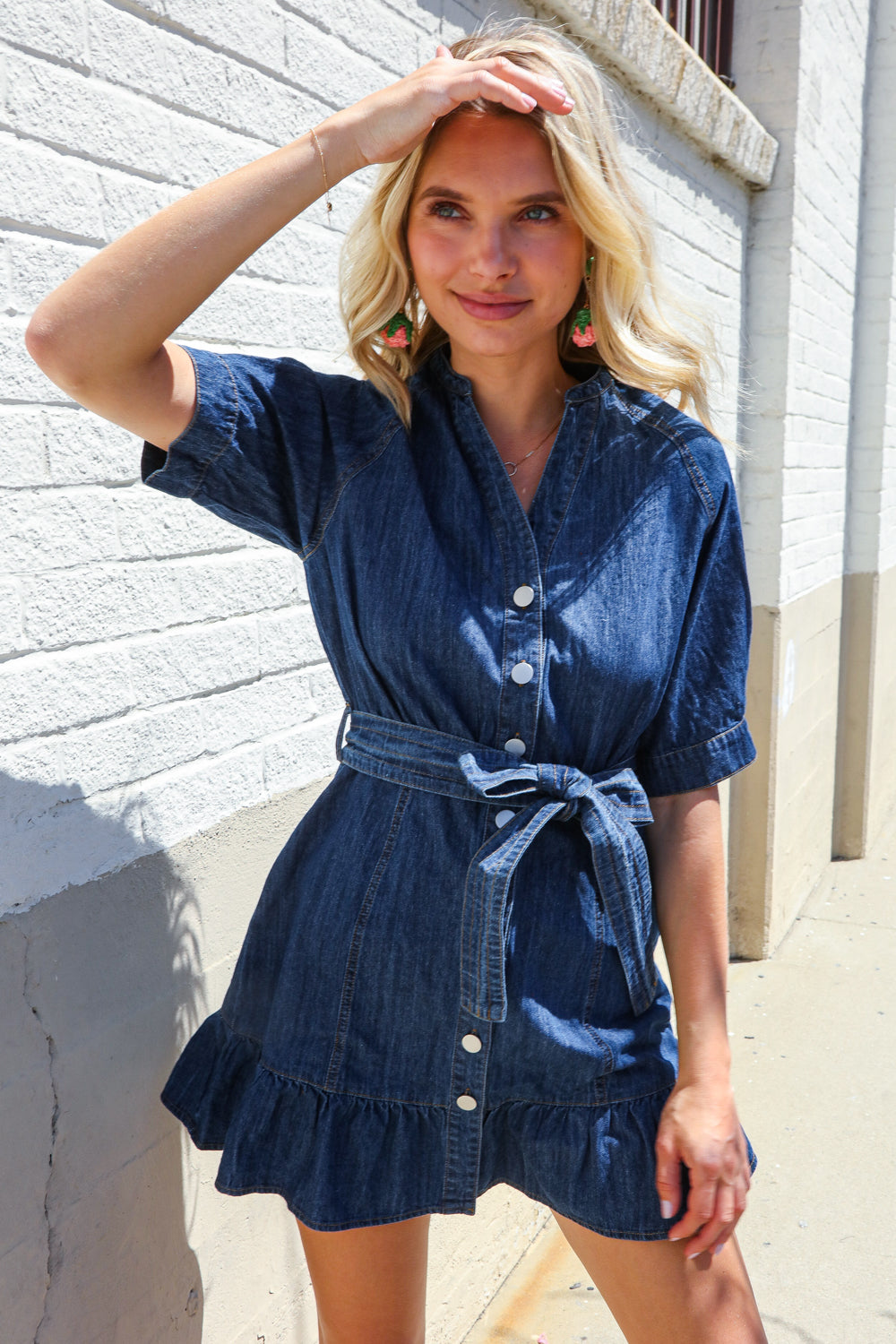 Put Together In Cotton Denim Button Down Belted Ruffle Mini Dress