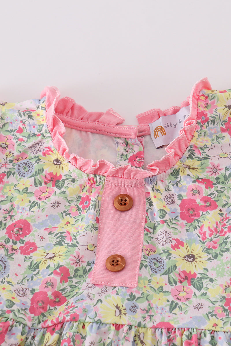 Pink Floral Print Girl Ruffle Dress