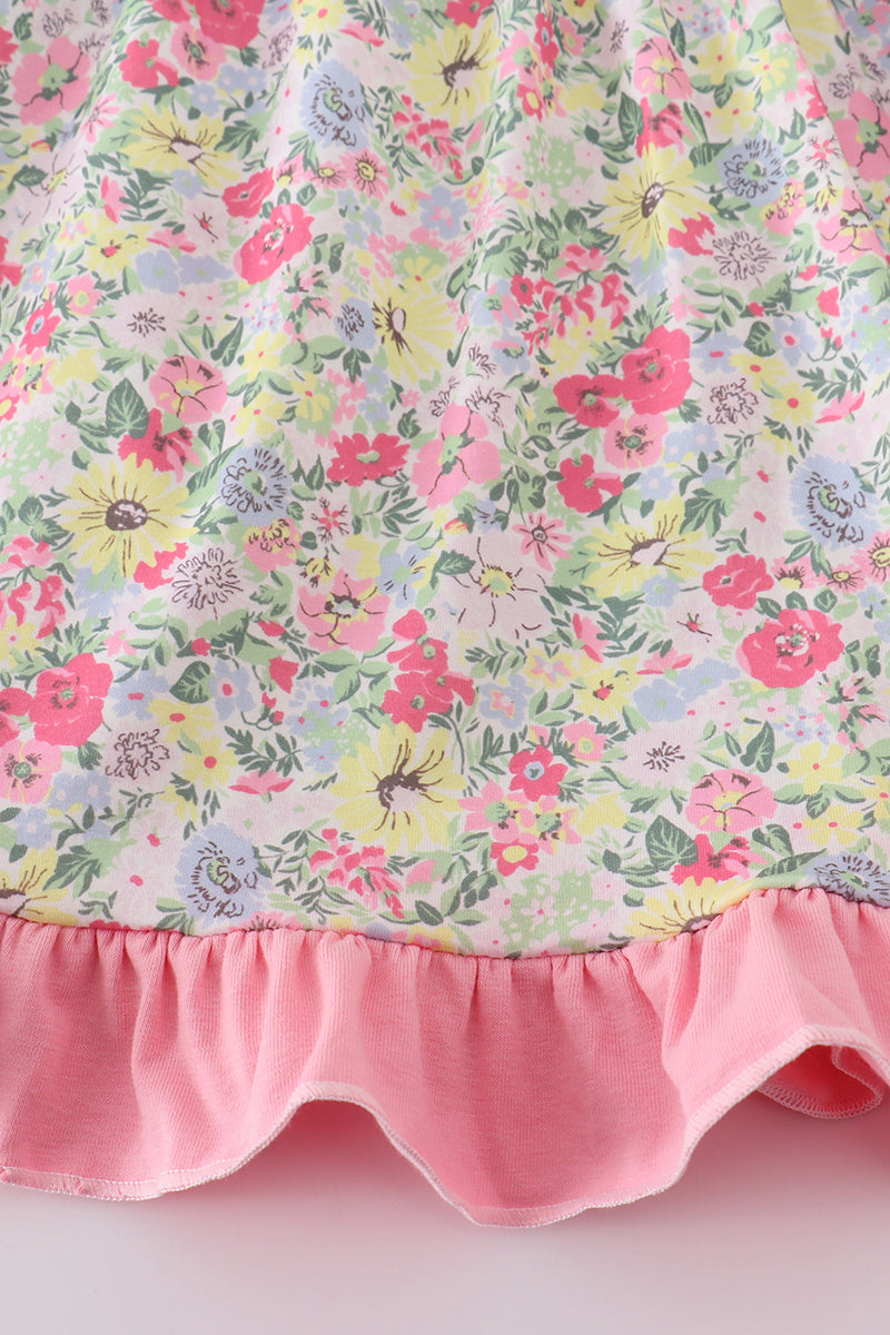 Pink Floral Print Girl Ruffle Dress