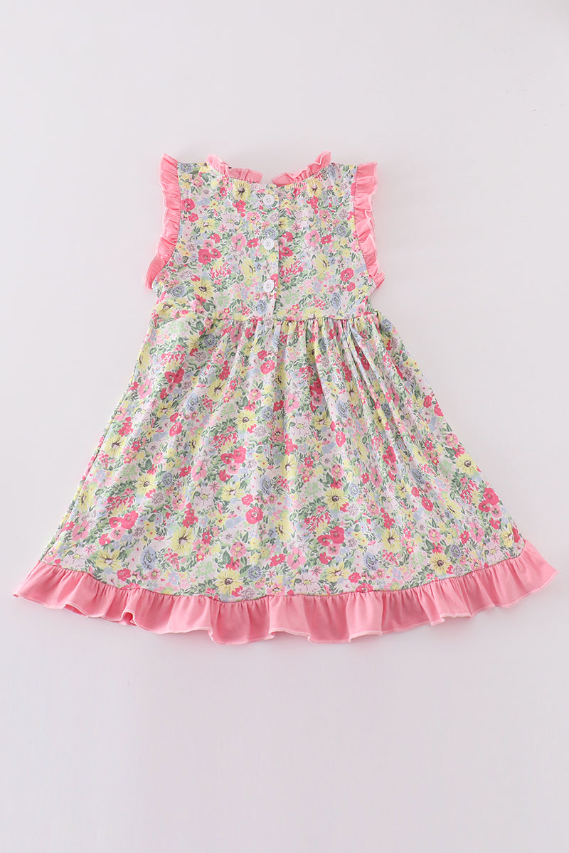 Pink Floral Print Girl Ruffle Dress