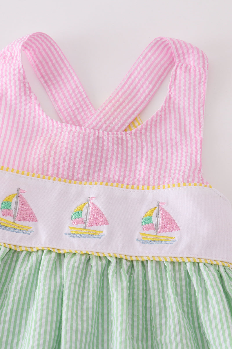 Seersucker Sailboat Embroidery Girl Set