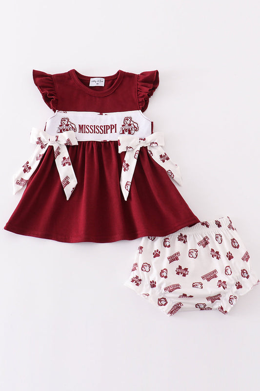 Maroon Mississippi Embroidery Girl Bloomer Set