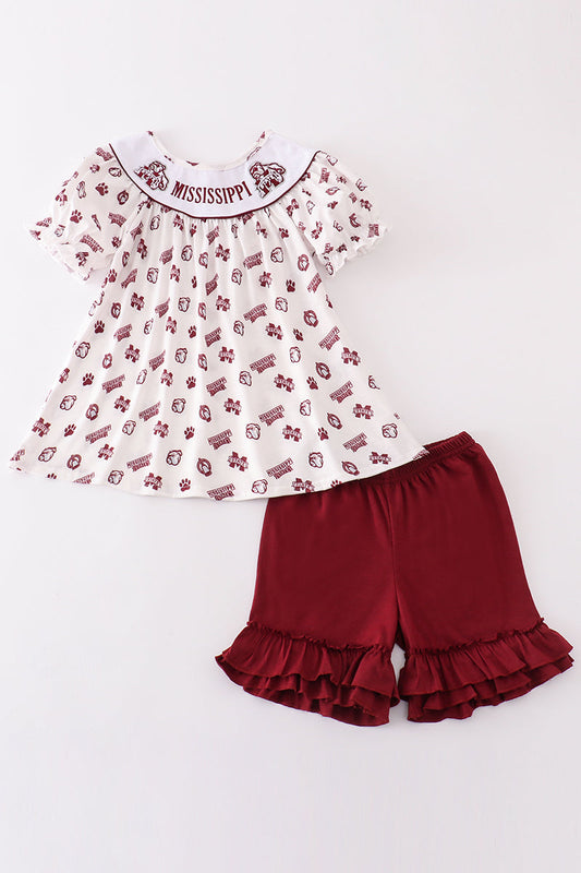 Maroon Mississippi Embroidery Girl Set