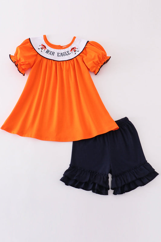 Navy Orange War Eagle Embroidery Girl Set