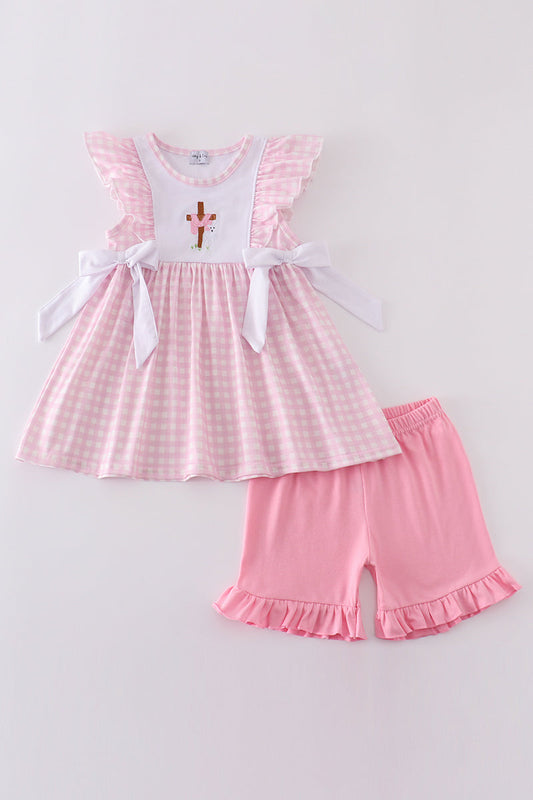 Pink Cross Embroidery Bow Set