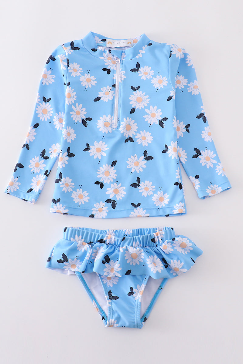 Blue Daisy Print 2Pc Girl Swimsuit